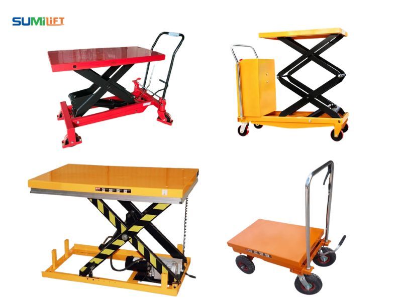 Các mẫu xe nâng mặt bàn 1000kg thủy lực, điện và bàn nâng cố định.